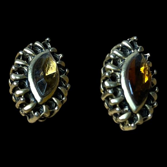 Vintage Amber Glass Marquise Stone Brass Tone Post Earrings - Picture 12 of 16